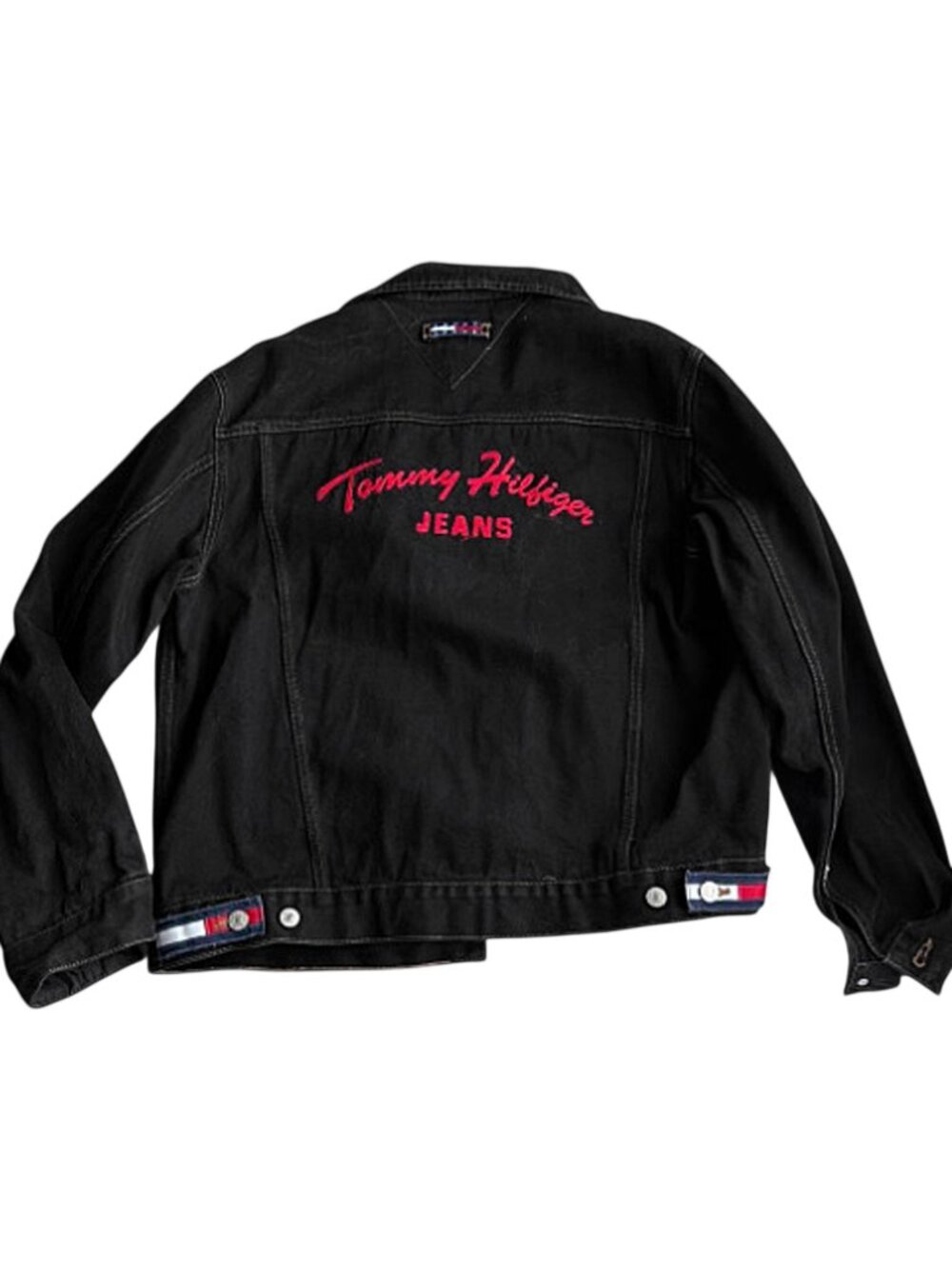 NEW Vintage Tommy Hilfiger Denim Jacket! Deep Black Huge Tommy Spell Out on Back
